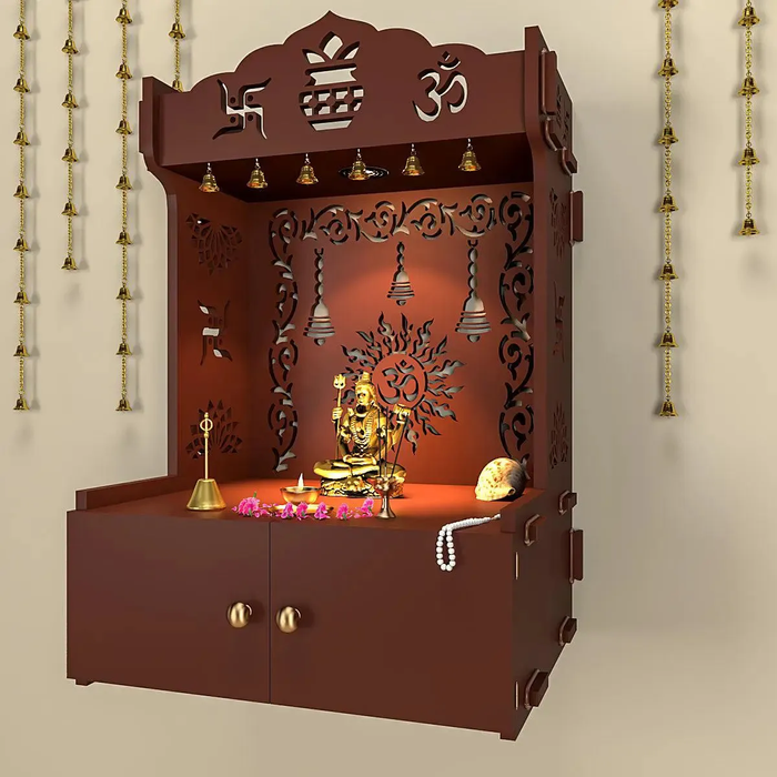 Premium Wall Temple with Inbuilt Focus Light & Spacious Wooden Shelf- Brown