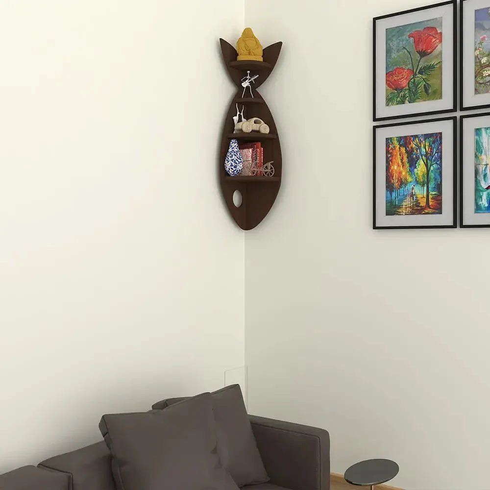 Fish Shape Wood Corner Wall Shelf / Book Shelf,Walnut Finish - All India Decor