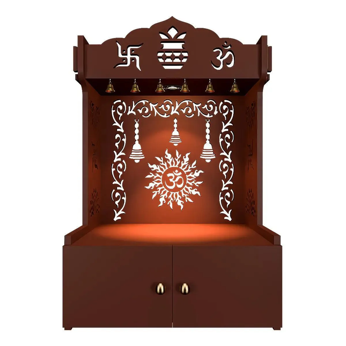 Premium Wall Temple with Inbuilt Focus Light & Spacious Wooden Shelf- Brown