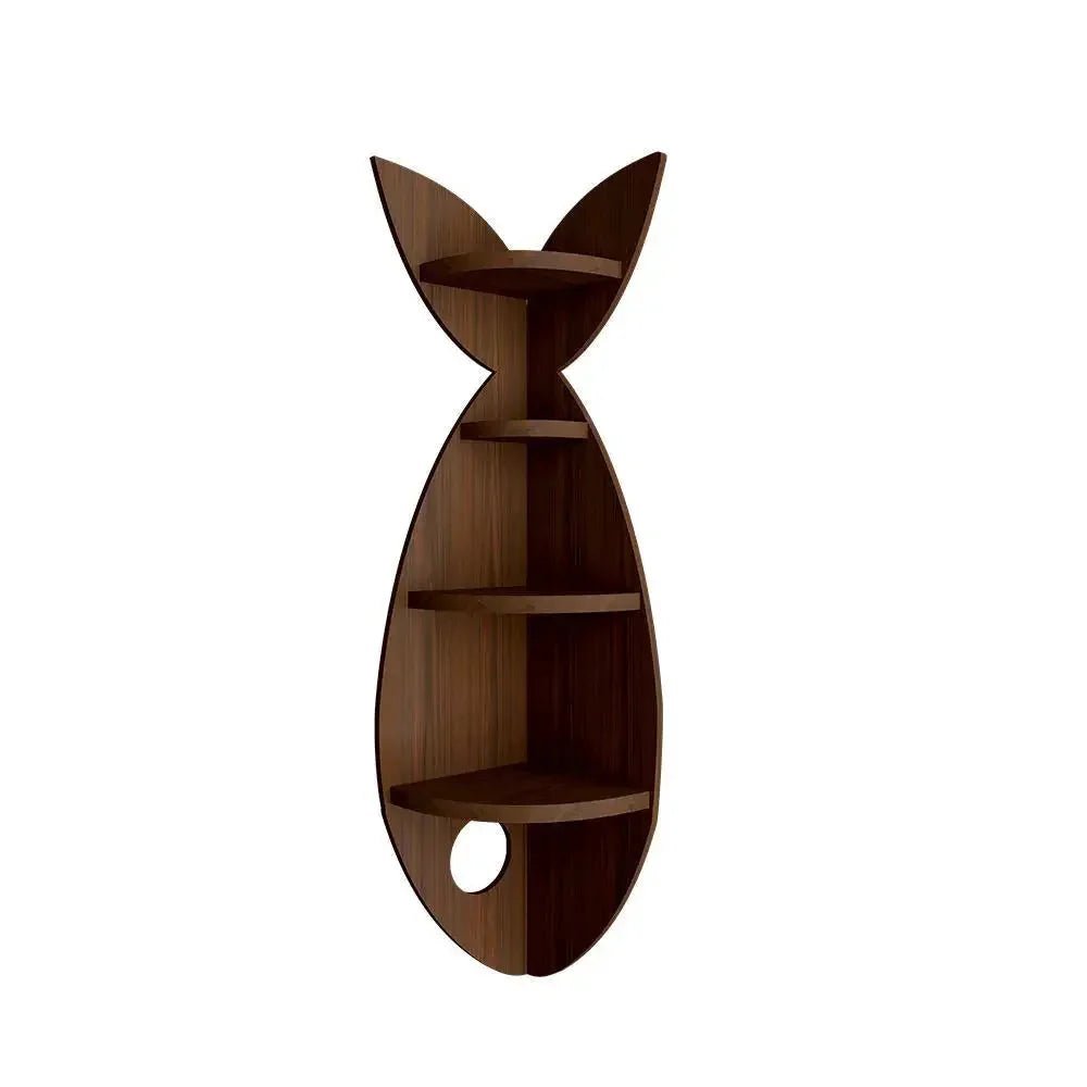 Fish Shape Wood Corner Wall Shelf / Book Shelf,Walnut Finish - All India Decor