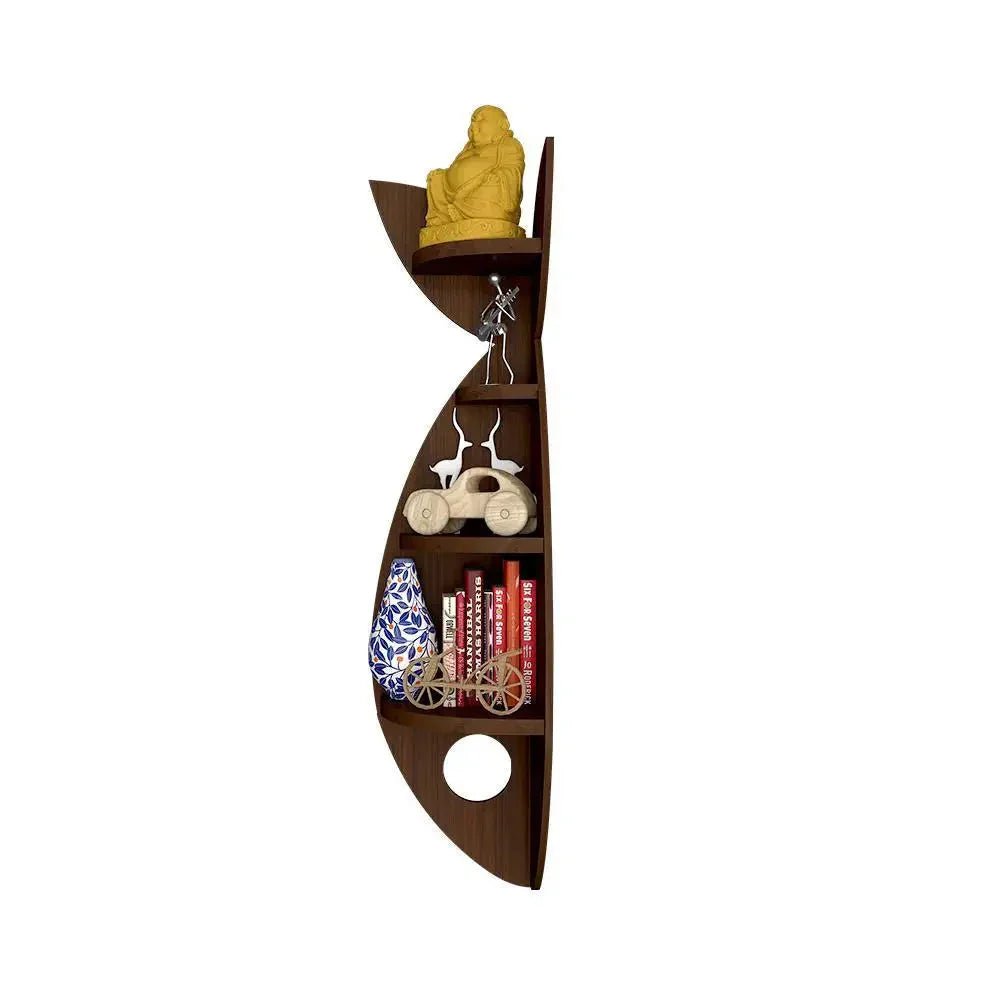 Fish Shape Wood Corner Wall Shelf / Book Shelf,Walnut Finish - All India Decor