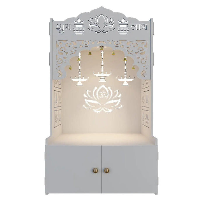 Lotus Pattern MDF Wood Temple with Spacious Shelf & Inbuilt Focus Light- White