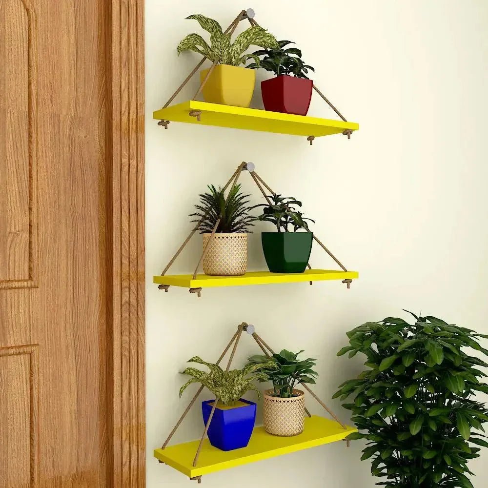 Wooden Wall Hanging Planter Shelf with Rope (Yellow, Set of 3) - All India Decor