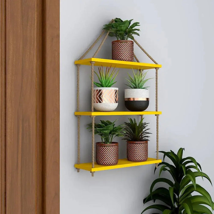 Planter Shelf Wooden Wall Hanging with Rope (Yellow Color)