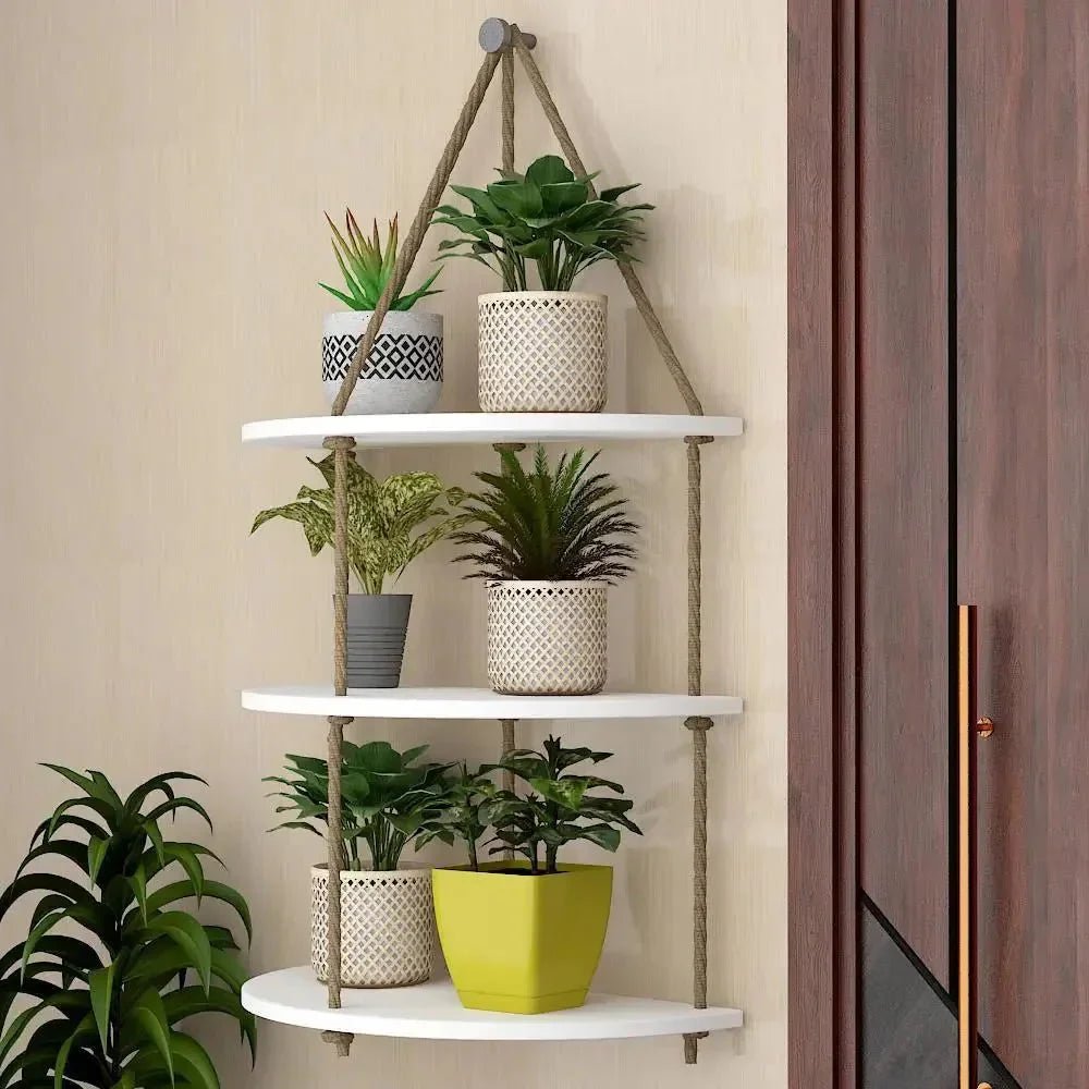 Wooden Wall Hanging Planter Shelf with Rope Three Layers(White) - All India Decor