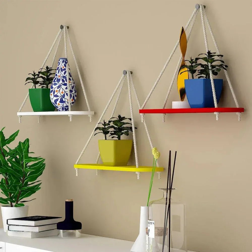 Wooden Wall Hanging Planter Shelf with Rope (Multicolor, Set of 3) - All India Decor