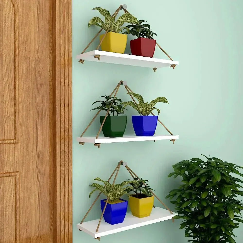 Wooden Wall Hanging Planter Shelf with Rope (White, Set of 3) - All India Decor