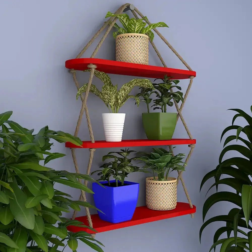 Wooden Wall Hanging Planter Shelf, Cross Rope with Three Layer (Red Color) - All India Decor