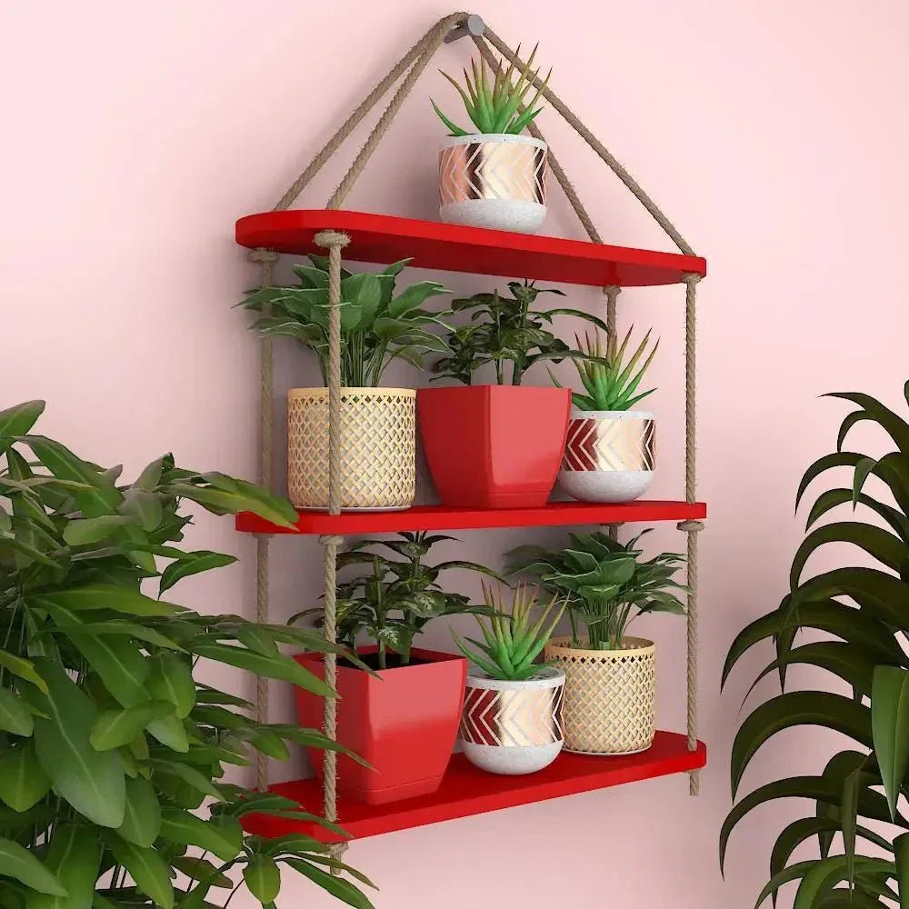Wooden Wall Hanging Planter Shelf with Rope Three Layer (Red Color) - All India Decor