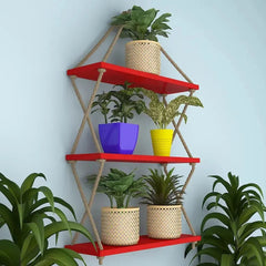 Cross Rope Wooden Wall Hanging Planter Shelf (Red Color) - All India Decor