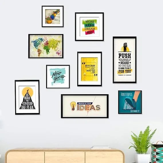 World Map and Quote Plastic Wall Frame Photo Collage Set of 9 - All India Decor
