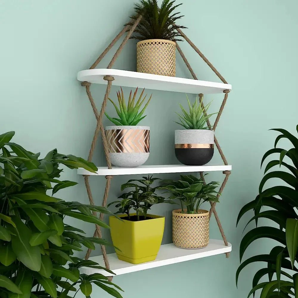 Wooden Wall Hanging Planter Shelf, Cross Rope with Three Layer (White Color) - All India Decor