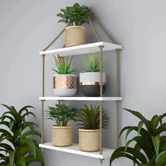 Planter Shelf Wooden Wall Hanging with Rope (White Color) - All India Decor