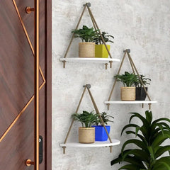 Wooden Wall Hanging Curved Shape Planter Shelf with Rope (White) - All India Decor