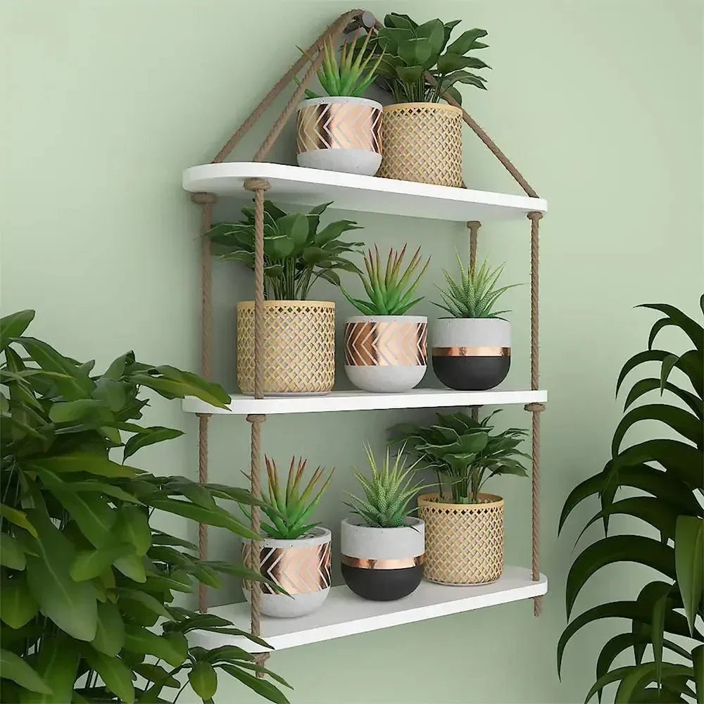 Wooden Wall Hanging Planter Shelf with Rope Three Layer (White Color) - All India Decor