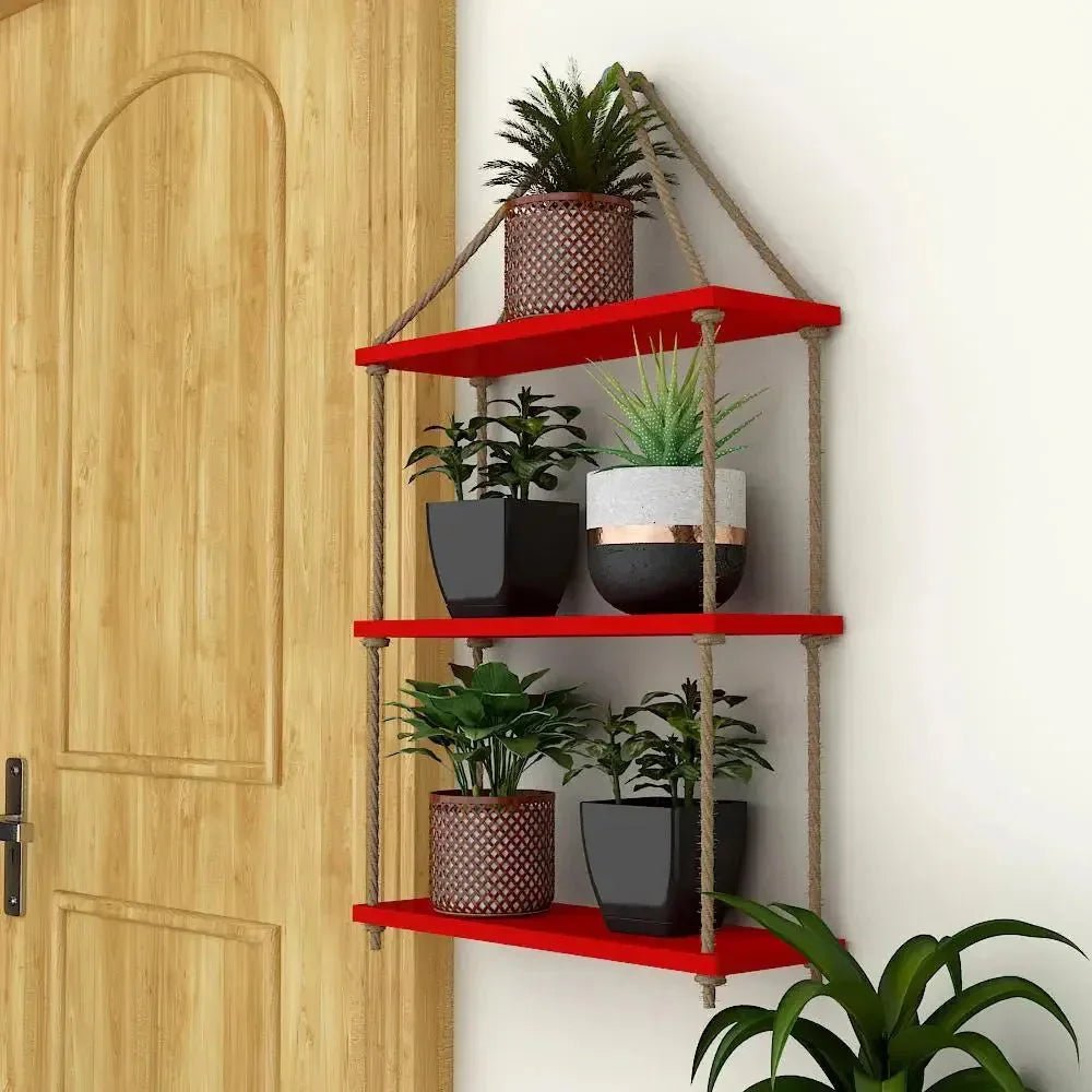 Planter Shelf Wooden Wall Hanging with Rope (Red Color) - All India Decor