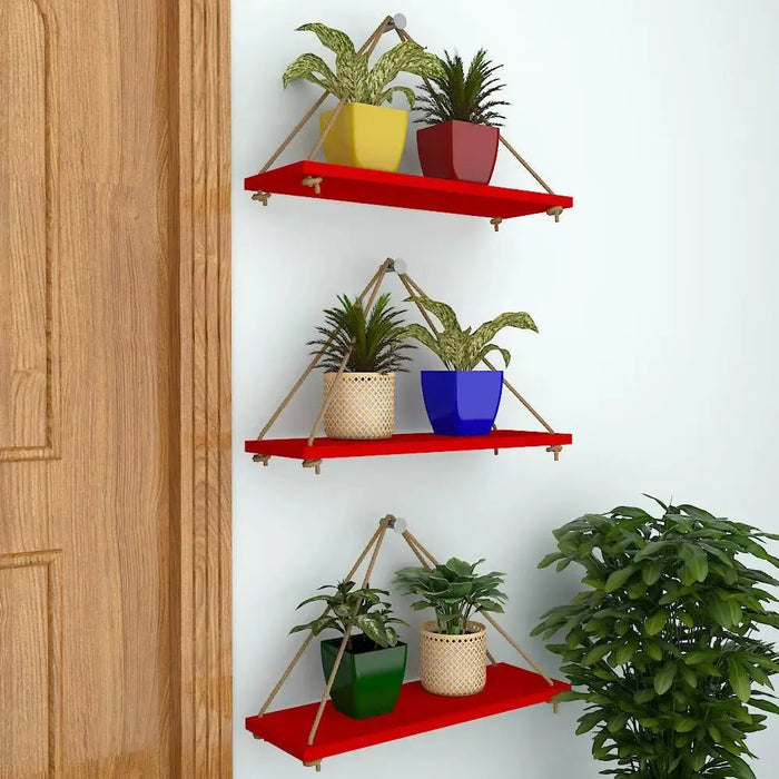 Wooden Wall Hanging Planter Shelf with Rope (Red, Set of 3)