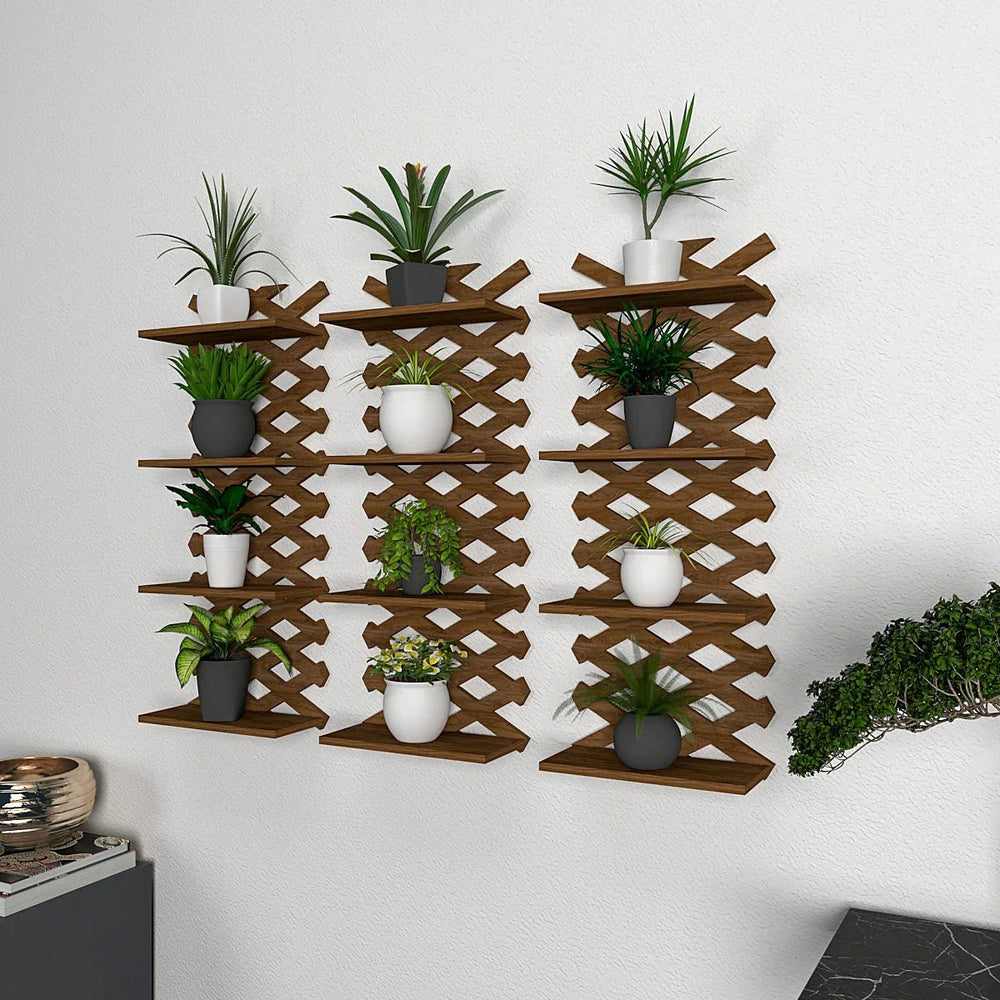 Criss Cross Designer Dark Walnut Planter Wall Shelves Set Of 3 - All India Decor