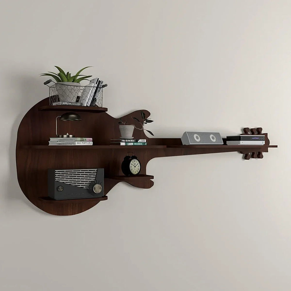 Guitar Backlit Wood Wall Shelf / Book Shelf / Night Light, Walnut Finish - All India Decor