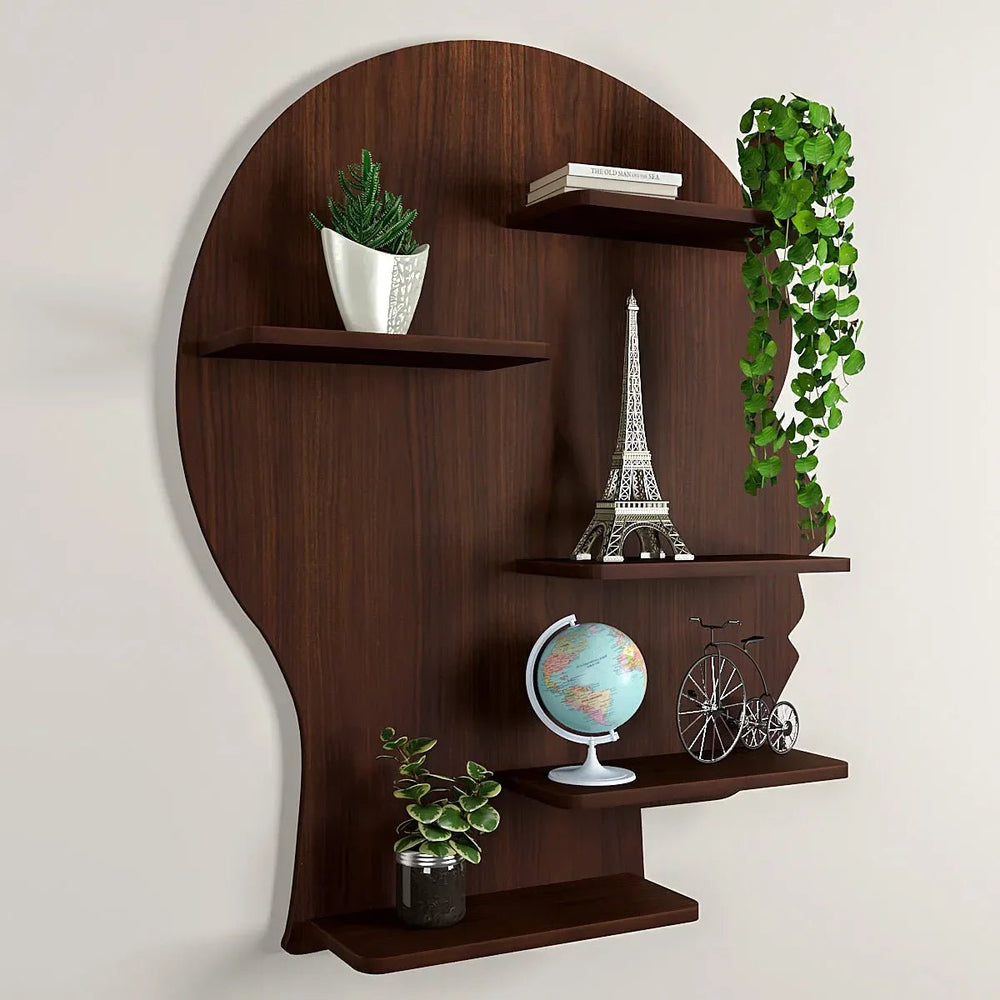 Man Backlit Wood Wall Shelf / Book Shelf, Walnut Finish - All India Decor