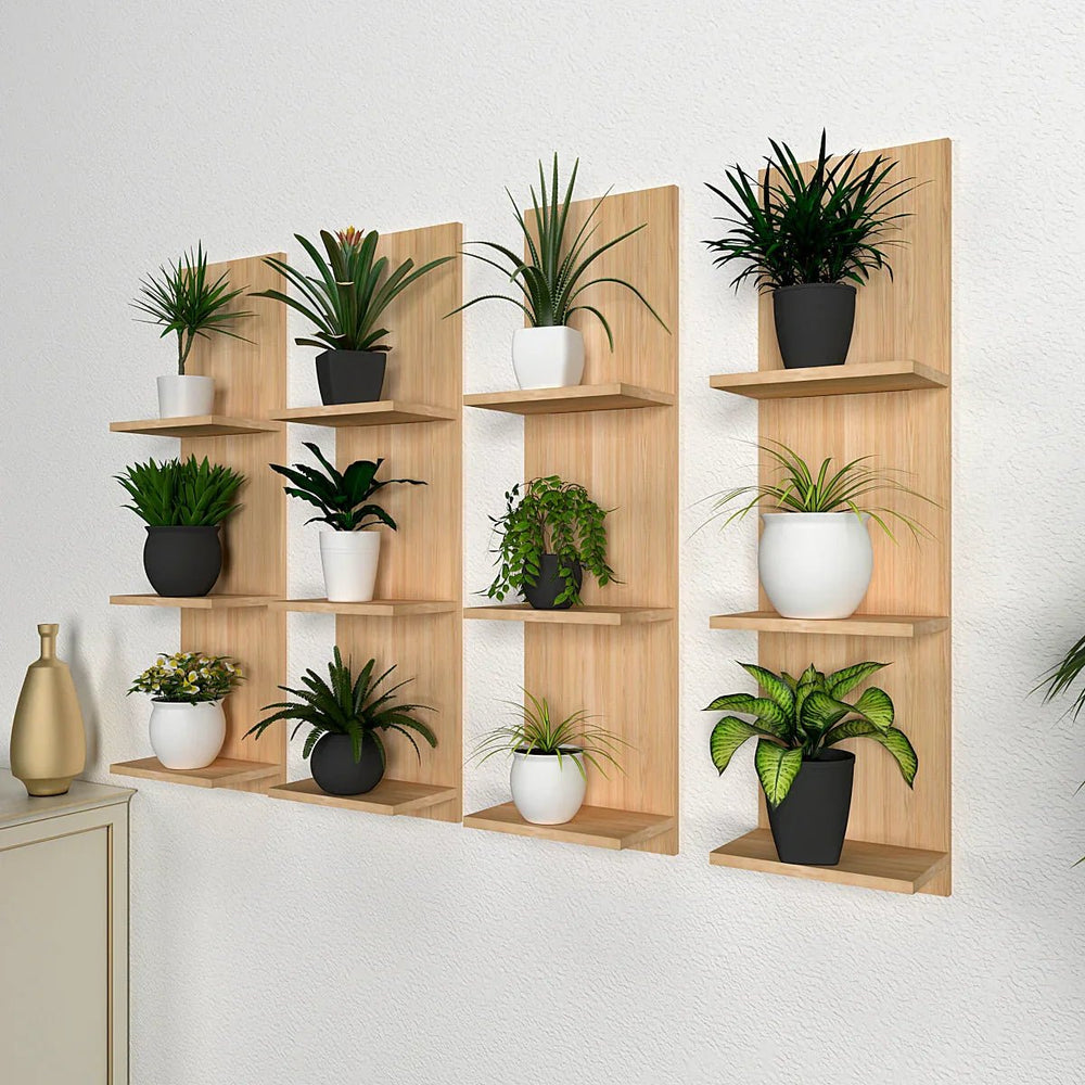 Classic Vertical Oak Finish Planter Wall Shelves Set Of 4 - All India Decor