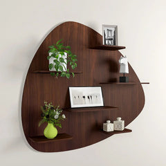 Abstract Shape Backlit Wood Wall Shelf / Book Shelf / Night Light, Walnut Finish - All India Decor