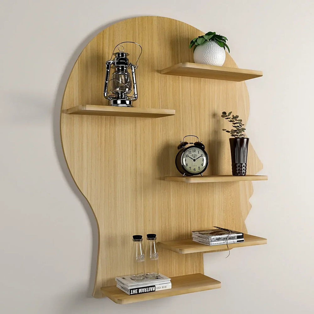 Man Face Backlit Wooden Wall Shelf / Book Shelves / Night Light, Light Oak Finish - All India Decor