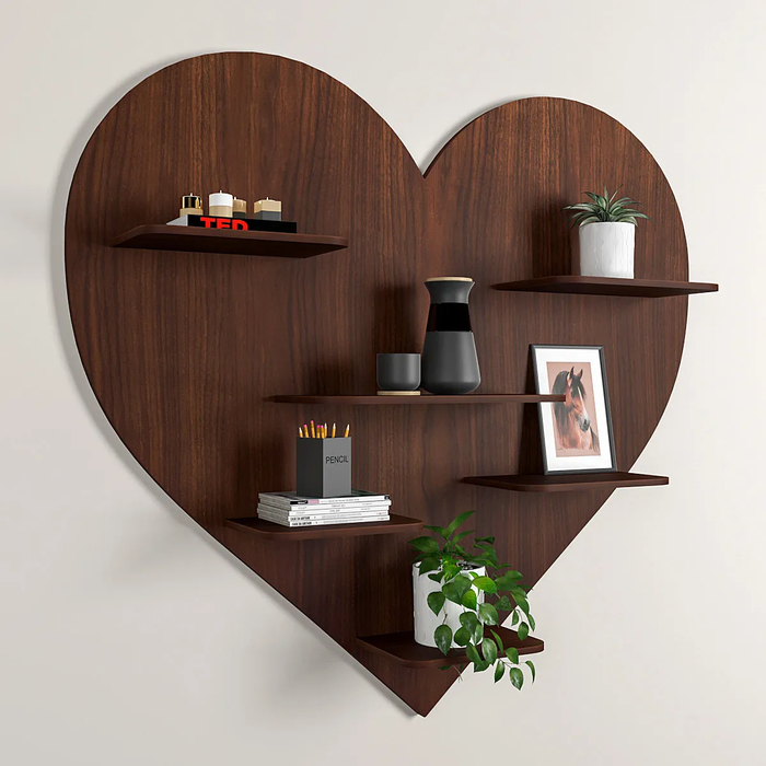 Heart Backlit Wood Wall Shelf / Book Shelf, Walnut Finish