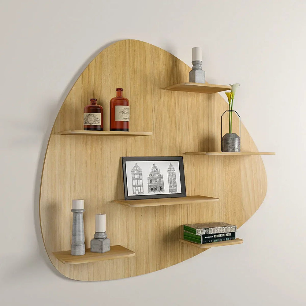 Abstract Shape Backlit Wood Wall Shelf / Book Shelf / Night Light, Light Oak Finish - All India Decor