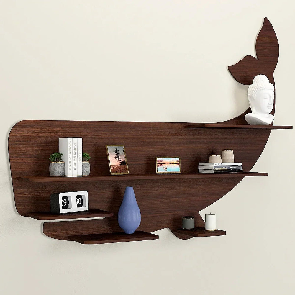Whale Backlit Wood Wall Shelf / Book Shelf / Night Light, Walnut Finish - All India Decor