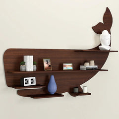 Whale Backlit Wood Wall Shelf / Book Shelf / Night Light, Walnut Finish - All India Decor