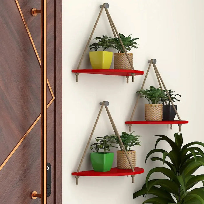 Wooden Wall Hanging Curved Shape Planter Shelf with Rope (Red)