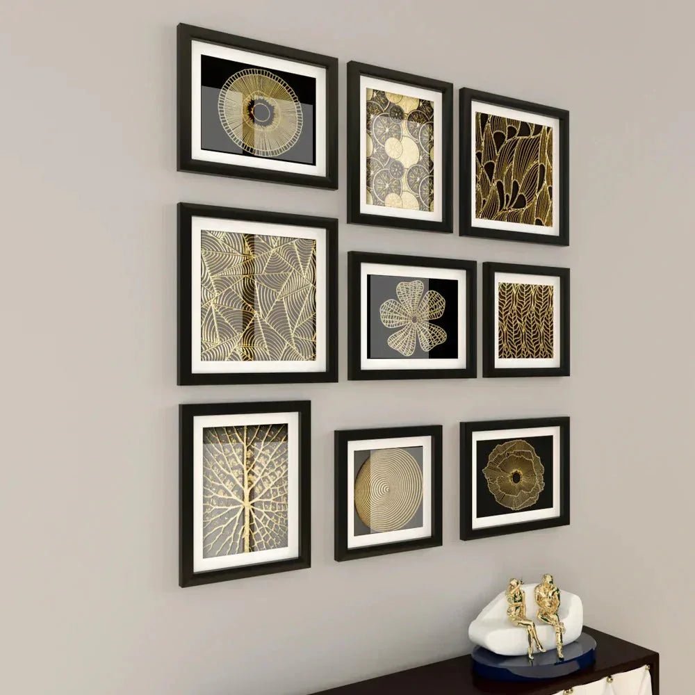 Contemporary Art Golden Framed Wall Art Set of 9 - All India Decor