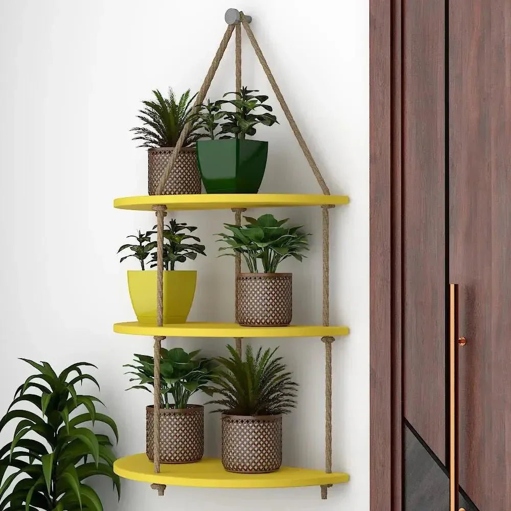 Wooden Wall Hanging Planter Shelf with Rope Three Layers(Yellow) - All India Decor