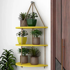 Wooden Wall Hanging Planter Shelf with Rope Three Layers(Yellow) - All India Decor