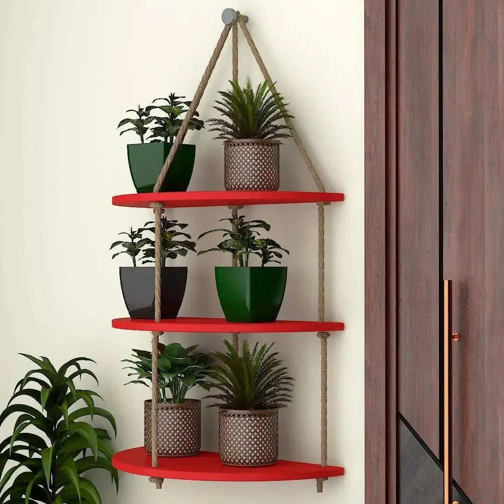 Wooden Wall Hanging Planter Shelf with Rope Three Layers(Red) - All India Decor