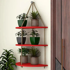 Wooden Wall Hanging Planter Shelf with Rope Three Layers(Red) - All India Decor