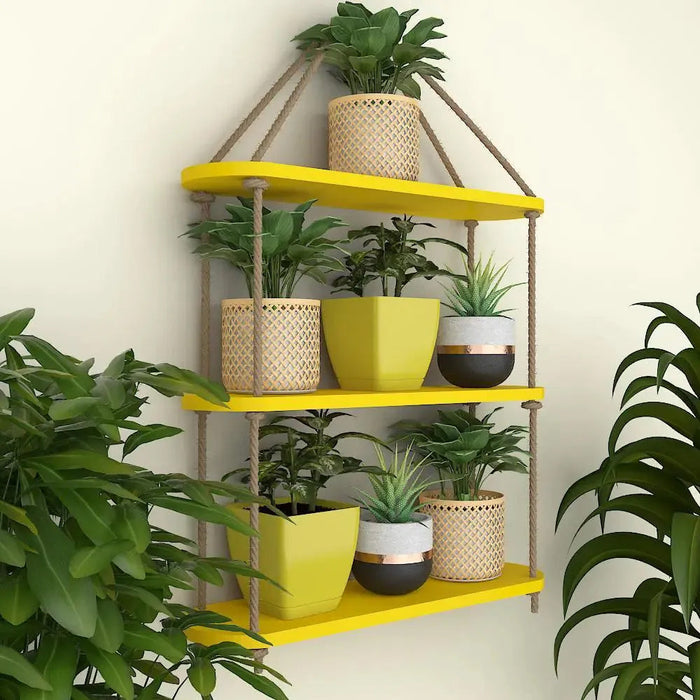 Wooden Wall Hanging Planter Shelf with Rope Three Layer (Yellow color)