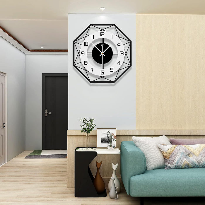 Modern 30 inch wall clock on a wall above a living room setup with a sofa and decor items.