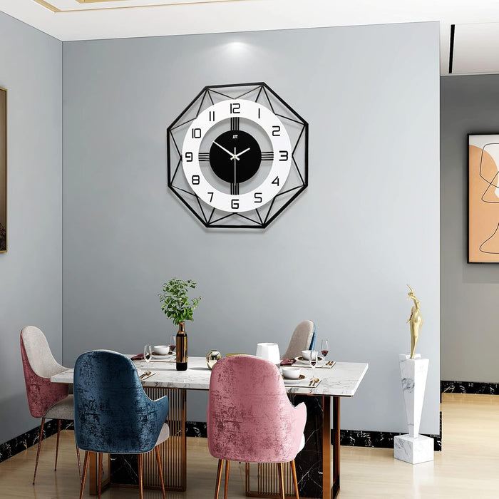 Modern dining room with a decorative wall clock on a gray wall.