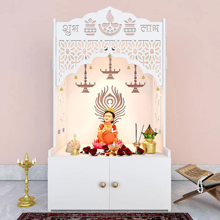 Intricate Jali Wooden Floor Temple with Spacious Shelf & Inbuilt Focus Light- White