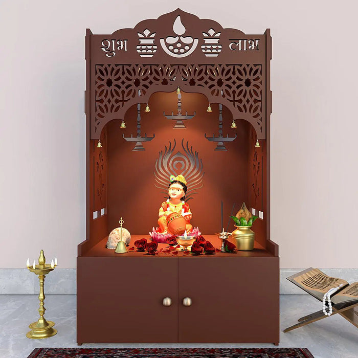 Intricate Jali Wooden Floor Temple with Spacious Shelf & Inbuilt Focus Light- Brown