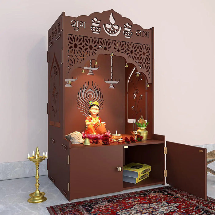 Intricate Jali Wooden Floor Temple with Spacious Shelf & Inbuilt Focus Light- Brown