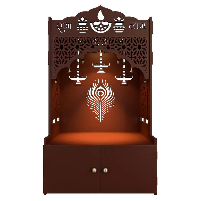 Intricate Jali Wooden Floor Temple with Spacious Shelf & Inbuilt Focus Light- Brown