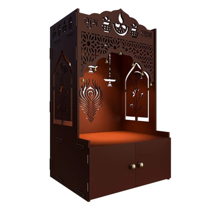 Intricate Jali Wooden Floor Temple with Spacious Shelf & Inbuilt Focus Light- Brown