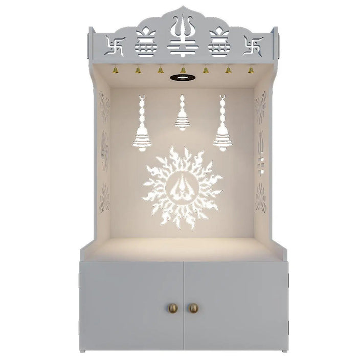 Surya Chakra MDF Wood Temple with Spacious Shelf & Inbuilt Focus Light- White