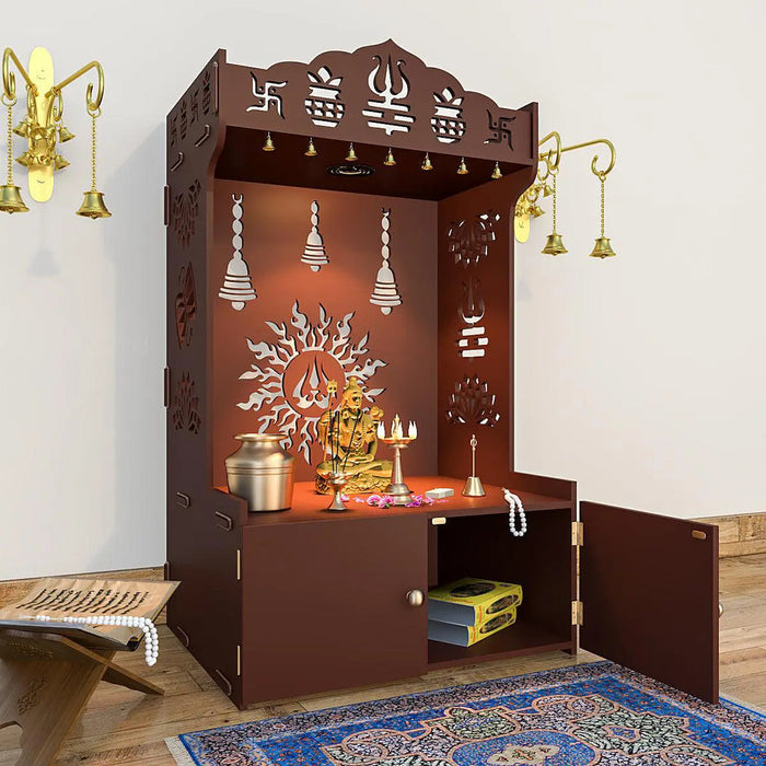 Surya Chakra MDF Wood Temple with Spacious Shelf & Inbuilt Focus Light- Brown