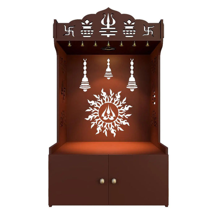 Surya Chakra MDF Wood Temple with Spacious Shelf & Inbuilt Focus Light- Brown