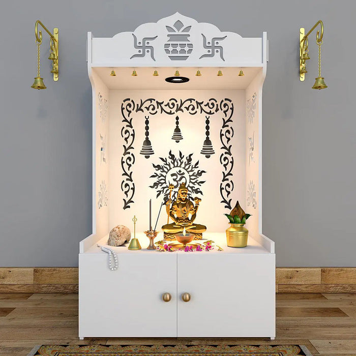 Aesthetic White Wooden Temple for Home with Spacious Shelf & Inbuilt Focus Light