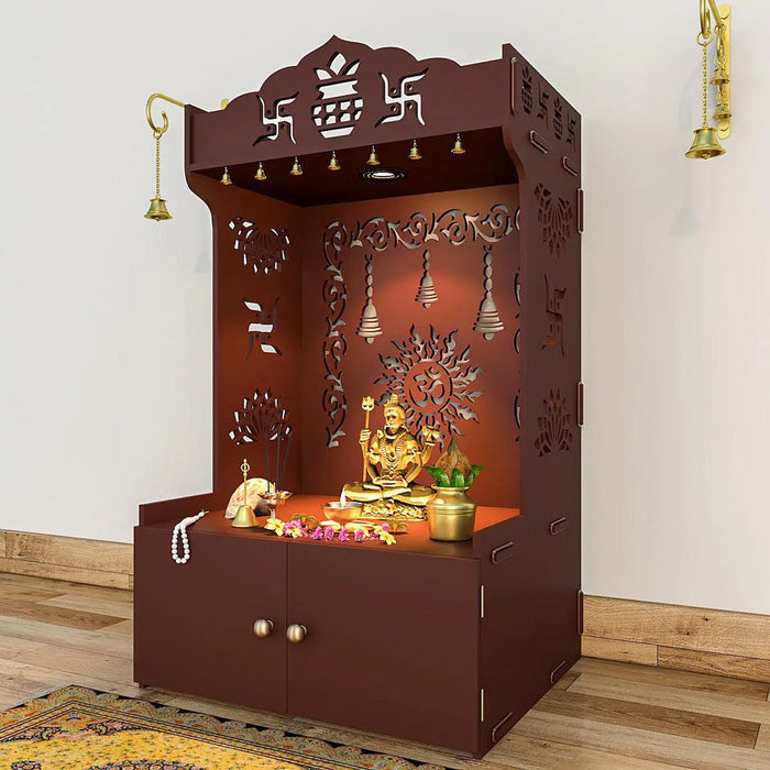 Aesthetic Brown Wooden Temple for Home with Spacious Shelf & Inbuilt Focus Light